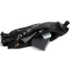 The black American Reserves Faraday Waist Pack – RFID Belt Bag is open, showing a phone, portable hard drive, SD card, and USB cable. With side buckles and RFID blocking technology, it combines style and security for your essentials. BRAVO is partially visible on it.