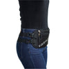 Sporting American Reserves Faraday Waist Pack – RFID Belt Bag, a sleek black accessory with silver lettering and two adjustable straps, over blue jeans enhances style while ensuring added safety with EMP protection and RFID blocking technology.
