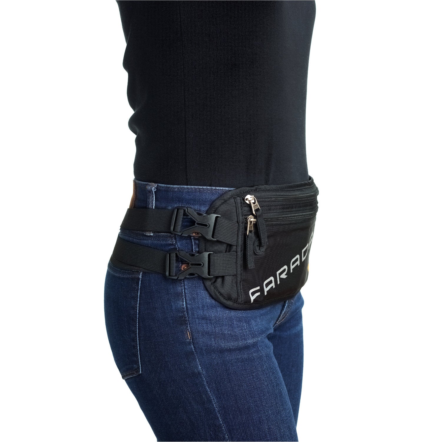 Sporting American Reserves Faraday Waist Pack – RFID Belt Bag, a sleek black accessory with silver lettering and two adjustable straps, over blue jeans enhances style while ensuring added safety with EMP protection and RFID blocking technology.