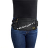 Someone wearing an American Reserves Faraday Waist Pack - RFID Belt Bag in black, featuring FARADAY on it. This fashionable pack includes multiple zippered compartments for RFID blocking and EMP protection, comfortably worn around the waist over blue jeans.