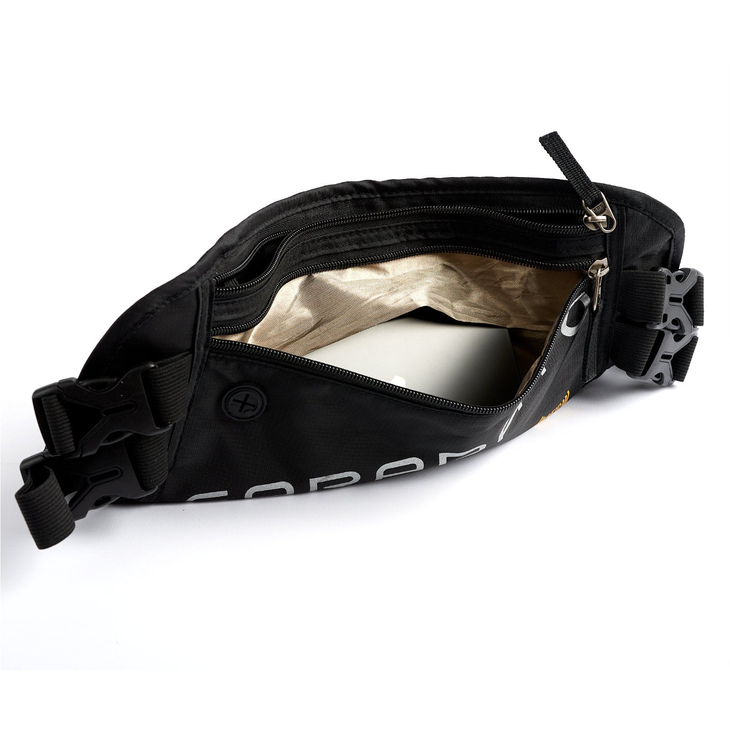 Open the black American Reserves Faraday Waist Pack – RFID Belt Bag, showcasing a beige inner lining with an item inside. With EMP protection, it has two plastic side buckles for secure closure.