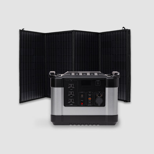 The American Reserves Generator and Solar Panel Bundle features a high-quality portable power station with a lithium battery beside a folded solar panel, creating an efficient setup against a plain background.