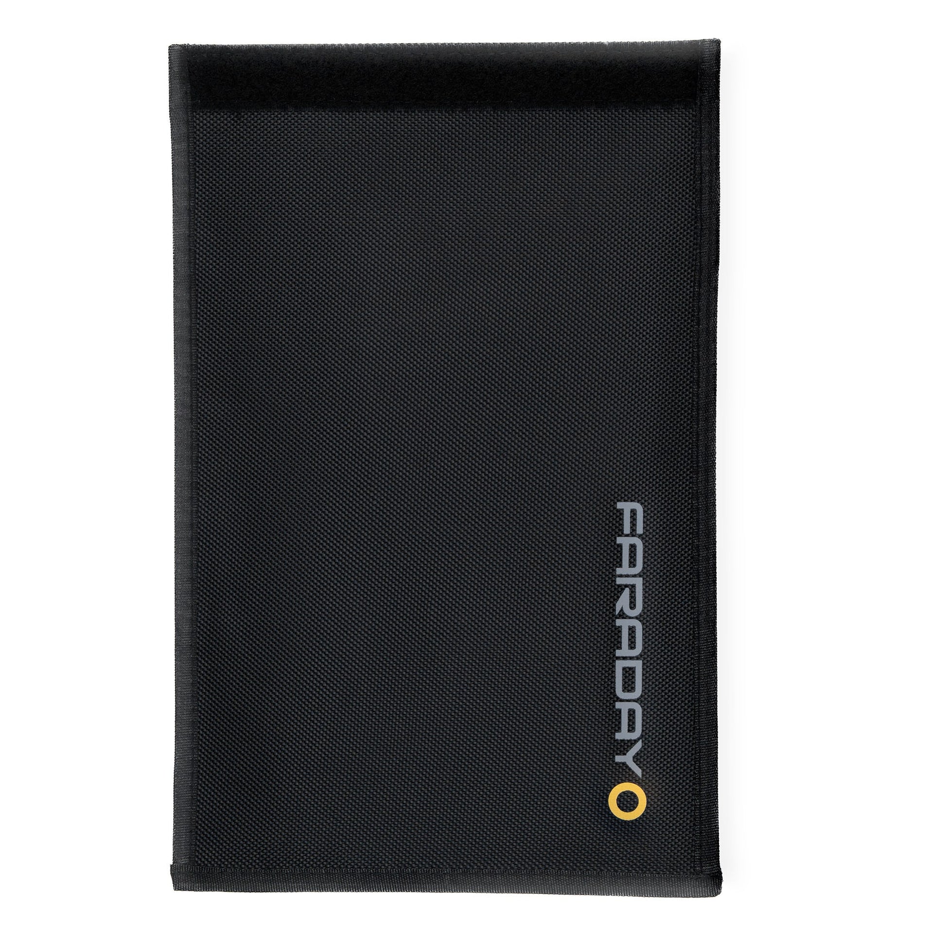 American Reserves XL Forensic Faraday Jacket Kit features a black pouch with Faraday and a yellow circle logo, ensuring reliable signal blocking for enhanced security.
