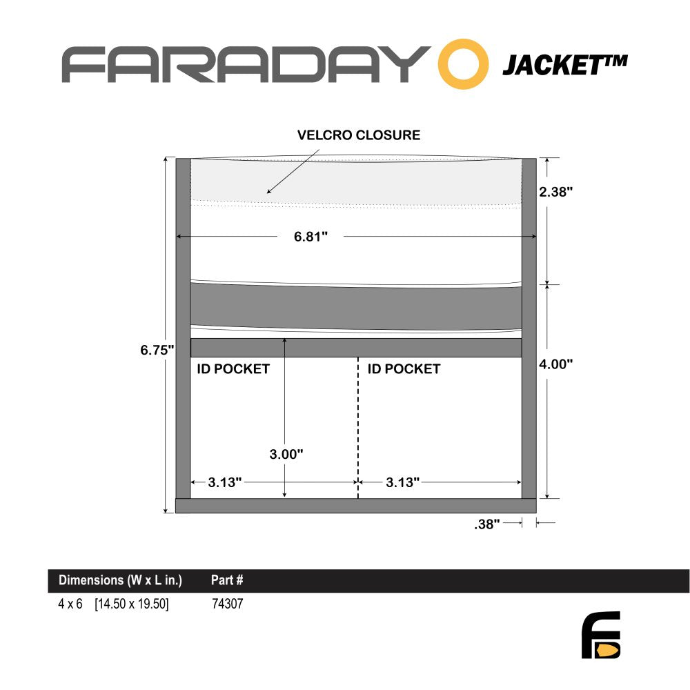 Technical drawing of the XL Forensic Faraday Jacket Kit by American Reserves, detailing dimensions in inches. Features include velcro closure, two ID pockets, and placements designed for signal blocking and EMF protection.