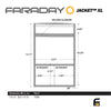 The technical diagram of the American Reserves XL Forensic Faraday Jacket Kit (Part #74308) showcases its signal blocking features. It includes a velcro closure, two ID pockets with precise sizes, and overall dimensions of 7.5 x 10 inches.