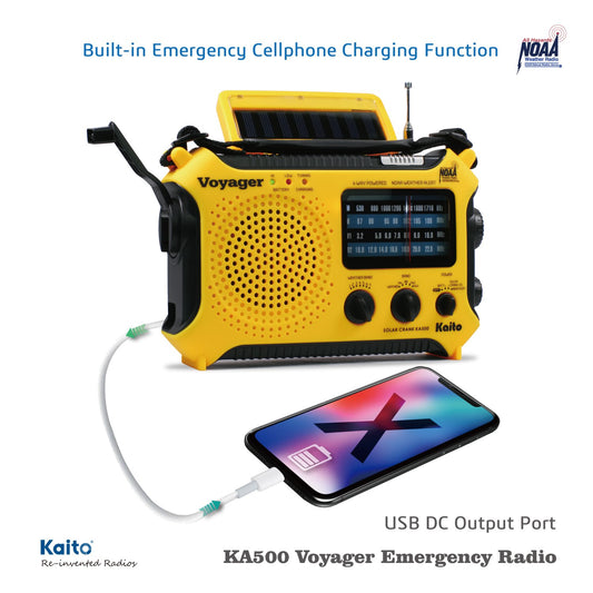 The American Reserves Kaito KA500 AM/FM Shortwave Solar Crank Emergency Weather Alert Radio in yellow has a rechargeable battery, solar panel, carrying handle, and USB output for charging phones. Use the USB cable to connect it to your smartphone for convenient on-the-go power.