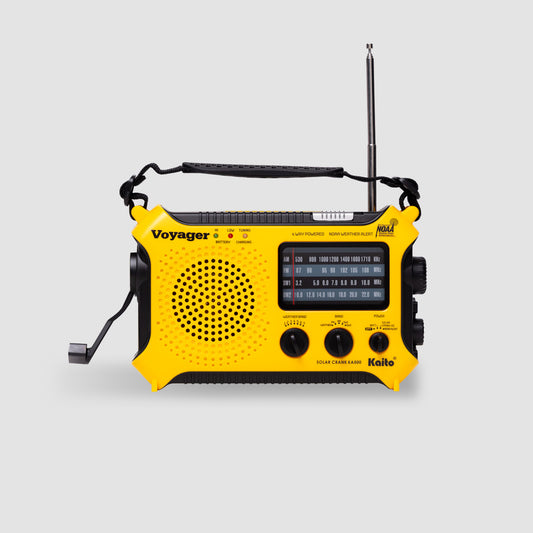 The American Reserves Kaito KA500 Yellow emergency radio includes a crank, solar panel, and USB port. Its rechargeable battery keeps you ready for any situation.