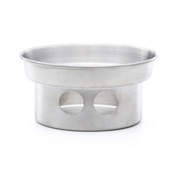 The Kelly Kettle® Ultimate Trekker Camping Kit by American Reserves includes a stainless steel base with two circular cutouts, perfect for holding your camping kettle and ideal for outdoor enthusiasts seeking compact utility.