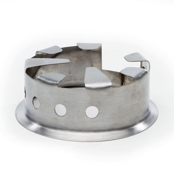 A round item resembling a camping kettle, the Kelly Kettle® Ultimate Trekker Camping Kit by American Reserves, features a jagged top edge and four circular holes on its side, all set against a white background.