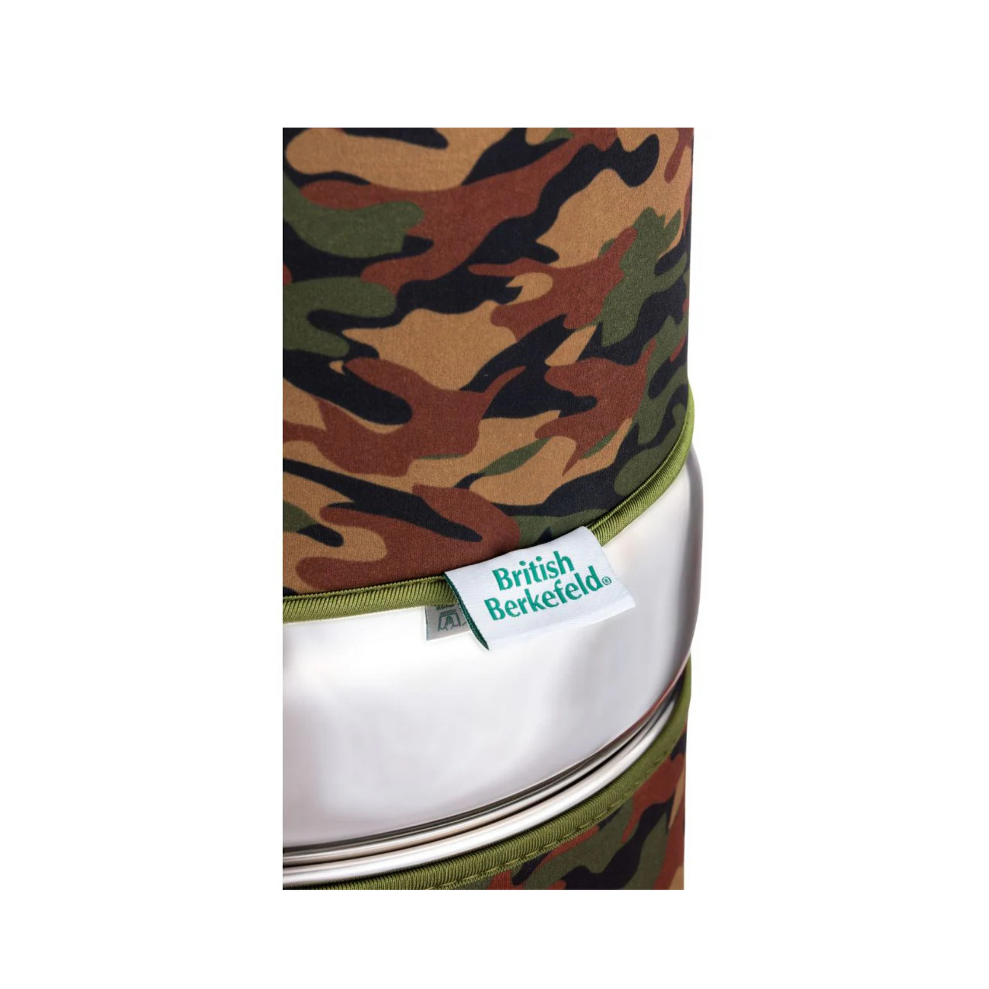 The Insulating Gravity System Sleeve by American Reserves, featuring a camouflage pattern, partially conceals a stainless steel container ideal for outdoor adventures.
