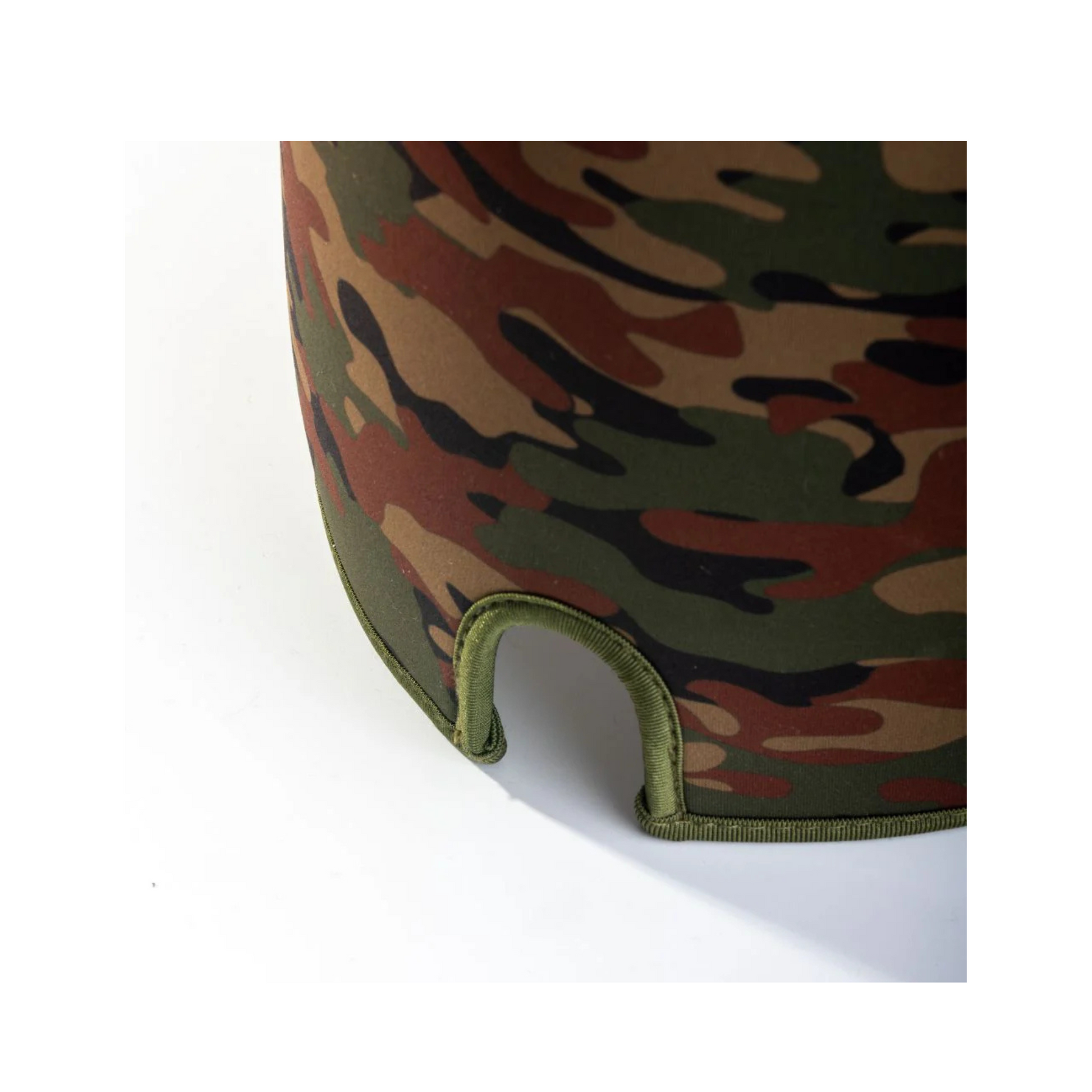 Close-up of the American Reserves Insulating Gravity System Sleeve, featuring a curved neoprene design in green, brown, and black camouflage with a bottom-edge cutout, ideal for outdoor adventures.