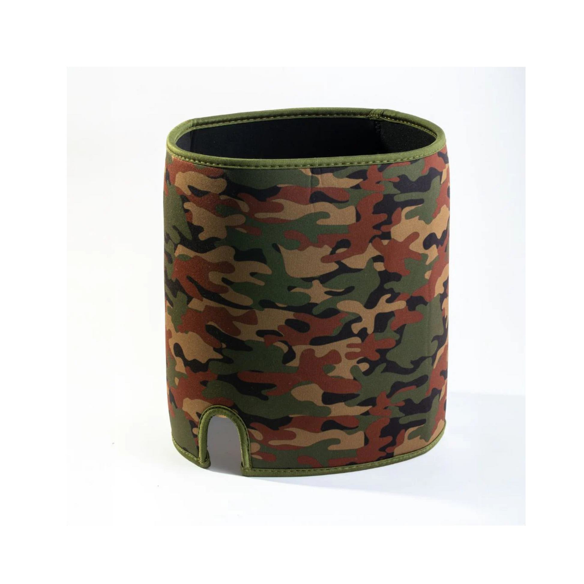 The American Reserves Insulating Gravity System Sleeve is a camouflage-patterned neoprene drink cooler with a base cutout, ideal for outdoor adventures, shown on a white background.