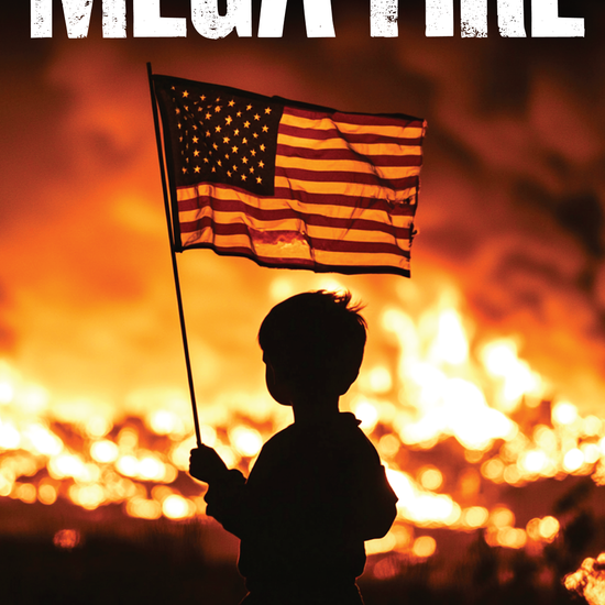 A child holding an American flag stands in silhouette before massive flames and smoke. Mega Fire – By Rick Wiles and American Reserves appear, warning of Americas next Fourth Turning crisis and the cycle of national catastrophe.