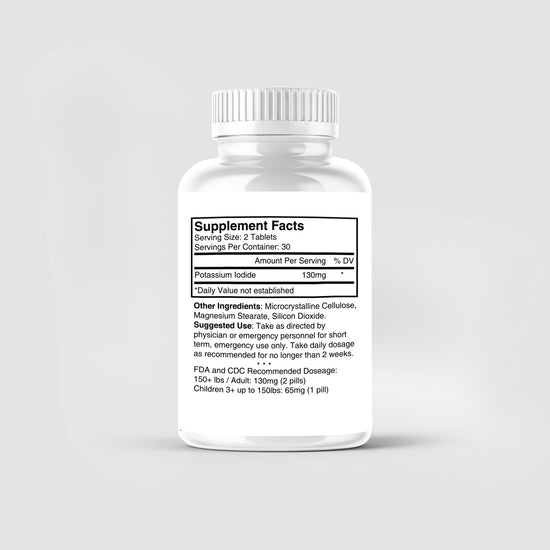 White pill bottle of American Reserves Potassium Iodide Tablets, labeled with supplement facts like serving size, potassium content, and ingredients. Includes FDA and CDC recommended dosage for thyroid protection in emergencies.