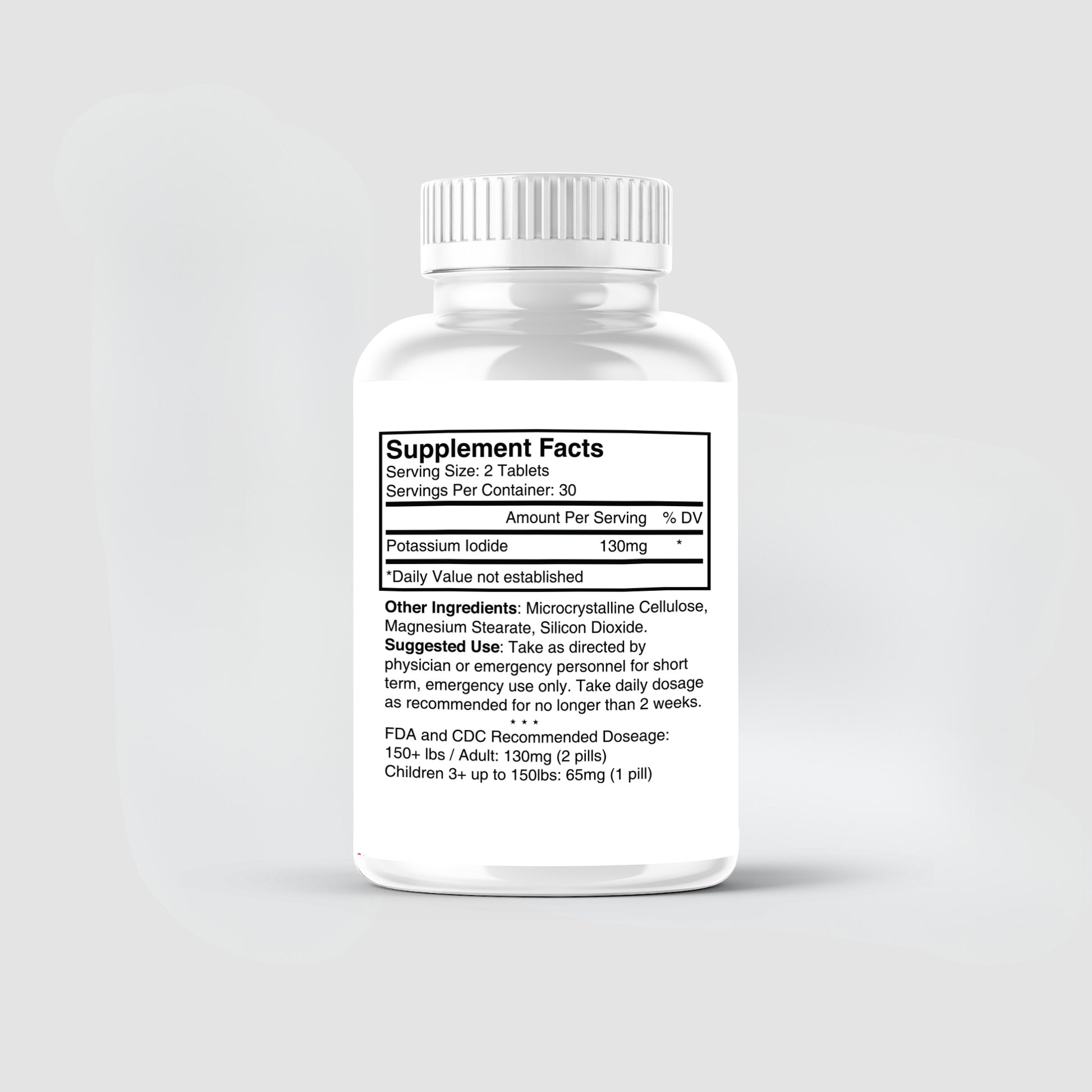 White pill bottle of American Reserves Potassium Iodide Tablets, labeled with supplement facts like serving size, potassium content, and ingredients. Includes FDA and CDC recommended dosage for thyroid protection in emergencies.