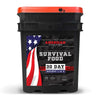 A large black container with a red lid, labeled 30 Day Emergency Food Supply by American Reserves, features a U.S. flag design. This supply (bucket 1 of 2) provides 1800 calories per day for one person, lasts 25 years, and is made in the USA.