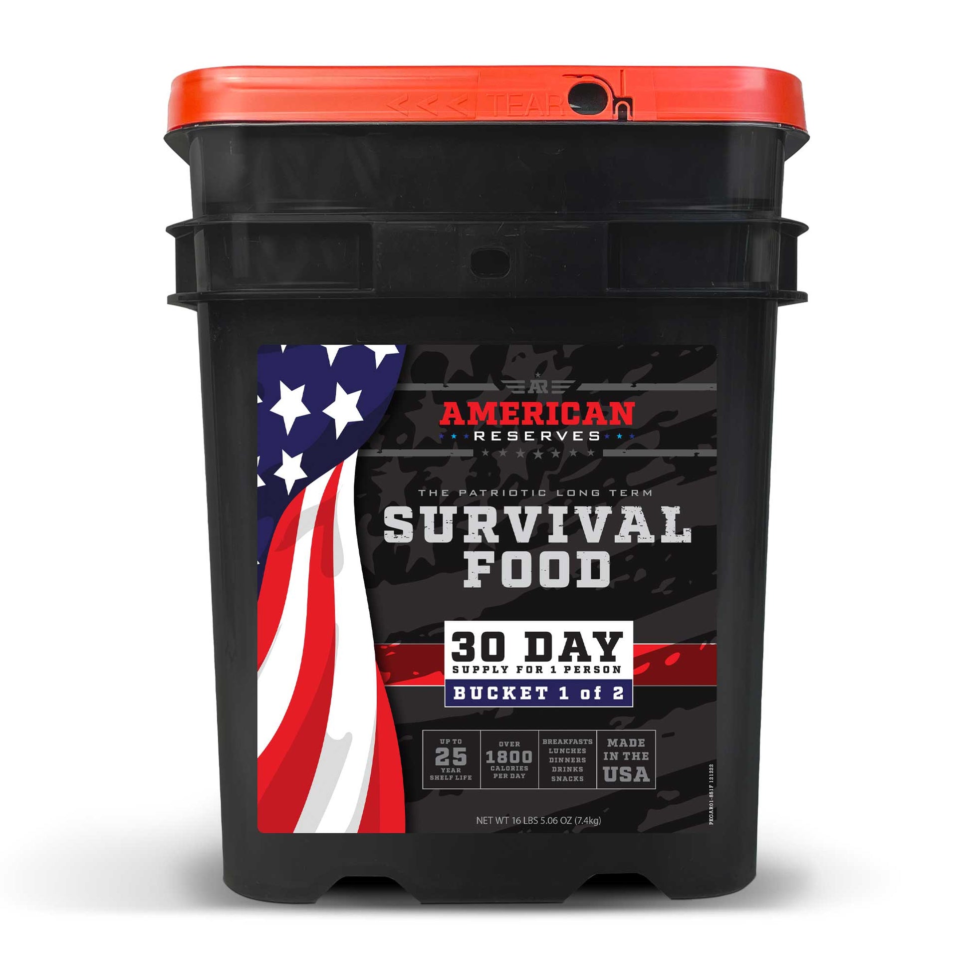 A large black container with a red lid, labeled 30 Day Emergency Food Supply by American Reserves, features a U.S. flag design. This supply (bucket 1 of 2) provides 1800 calories per day for one person, lasts 25 years, and is made in the USA.