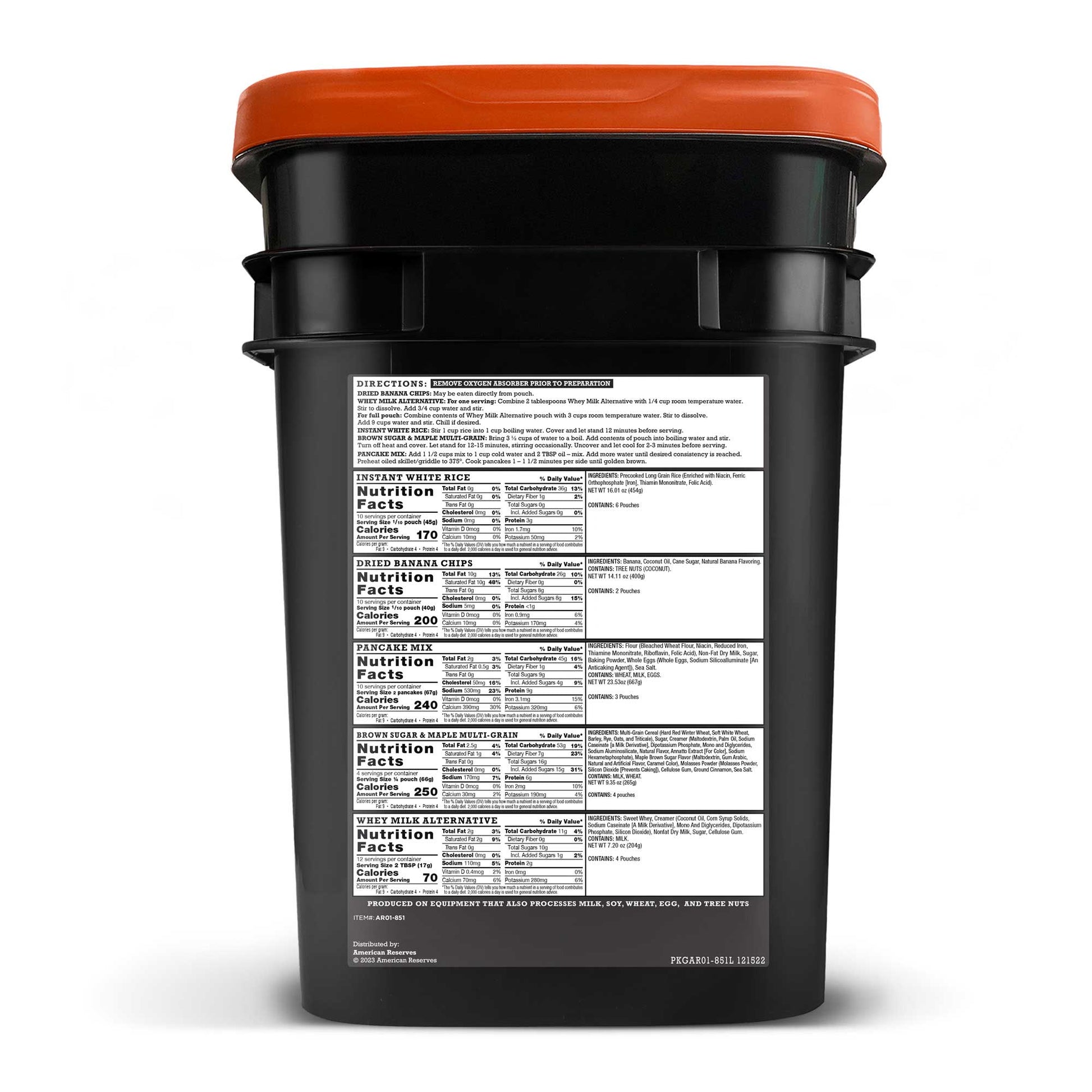 The 12 Month Emergency Food Supply by American Reserves features a black, rectangular bucket with an orange lid, offering a 25-year shelf life. It displays nutrition facts labels and product info in white text, making it ideal for securing your emergency food supply.