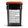 The 12 Month Emergency Food Supply by American Reserves includes a black food container with an orange lid, featuring preparation directions, freeze-dried meal listings, ingredients, and nutritional info labels on the side—ideal for emergency preparedness.