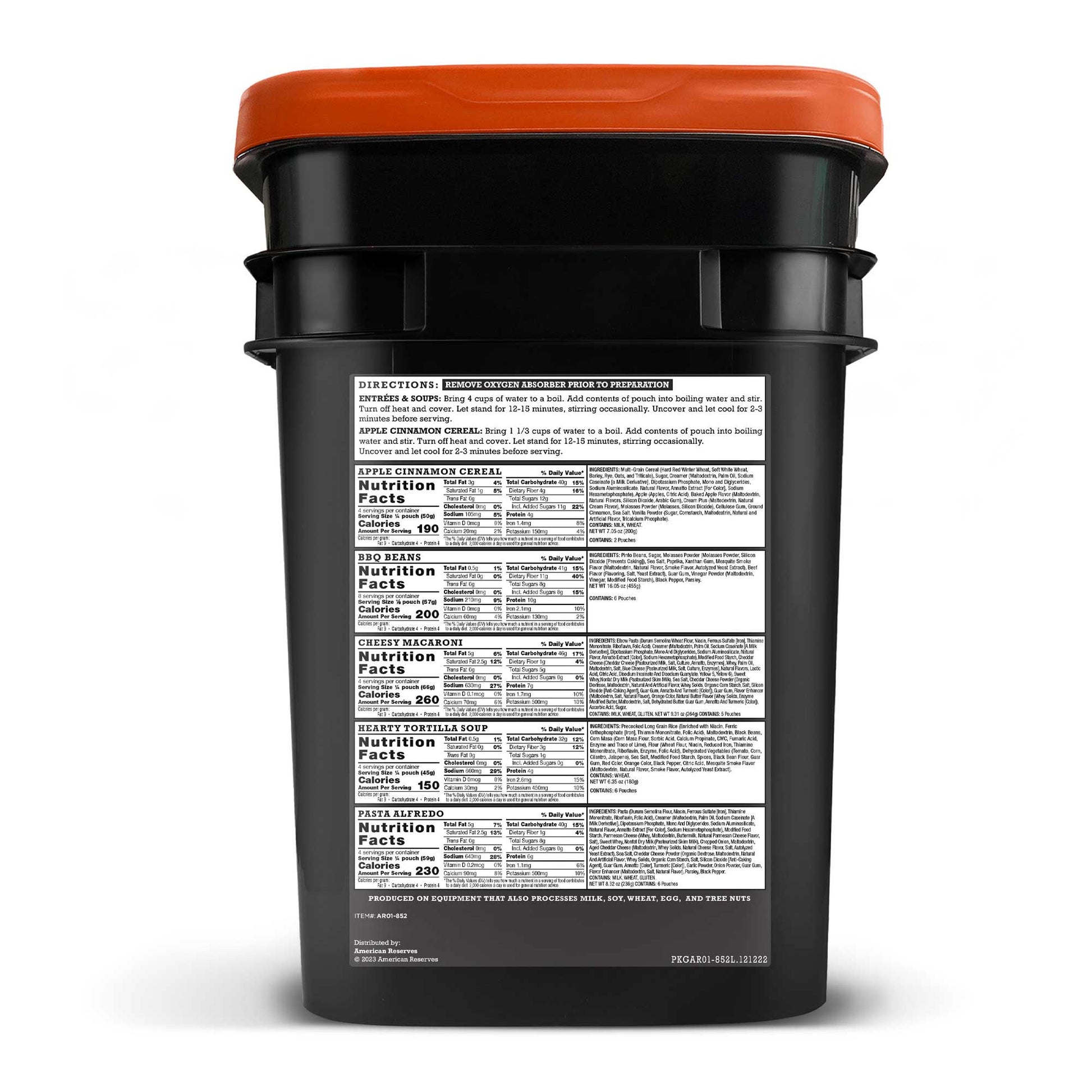 The 12 Month Emergency Food Supply by American Reserves includes a black food container with an orange lid, featuring preparation directions, freeze-dried meal listings, ingredients, and nutritional info labels on the side—ideal for emergency preparedness.