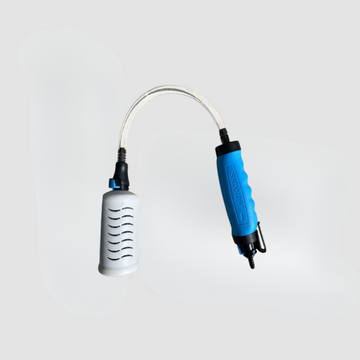 The RapidFlo Portable Water Filter by American Reserves, in compact blue and white, comes with a hose for camping and outdoor adventures. This reliable survival tool ensures you have clean water on the go.