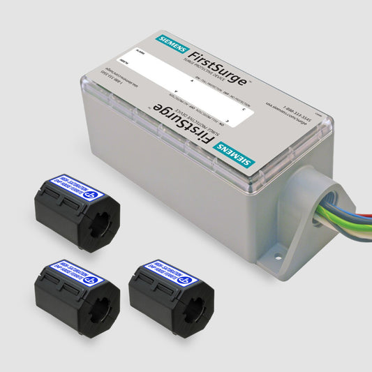 The American Reserves SIEMENS FSâ„¢ PRO 140 + Whole House Ferrites EMP Home Protection Kit offers optimal surge protection with three black sensors on a light gray backdrop and advanced EMP shielding for superior security of home electronics.