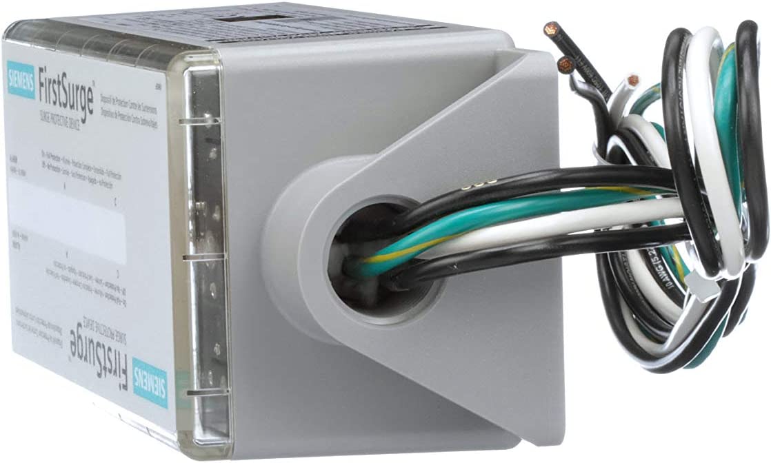 The SIEMENS FS™ PRO 140 + Whole House Ferrites EMP Home Protection Kit by American Reserves features a rectangular surge protection device with multicolored wires extending from a gray circular casing for EMP protection.