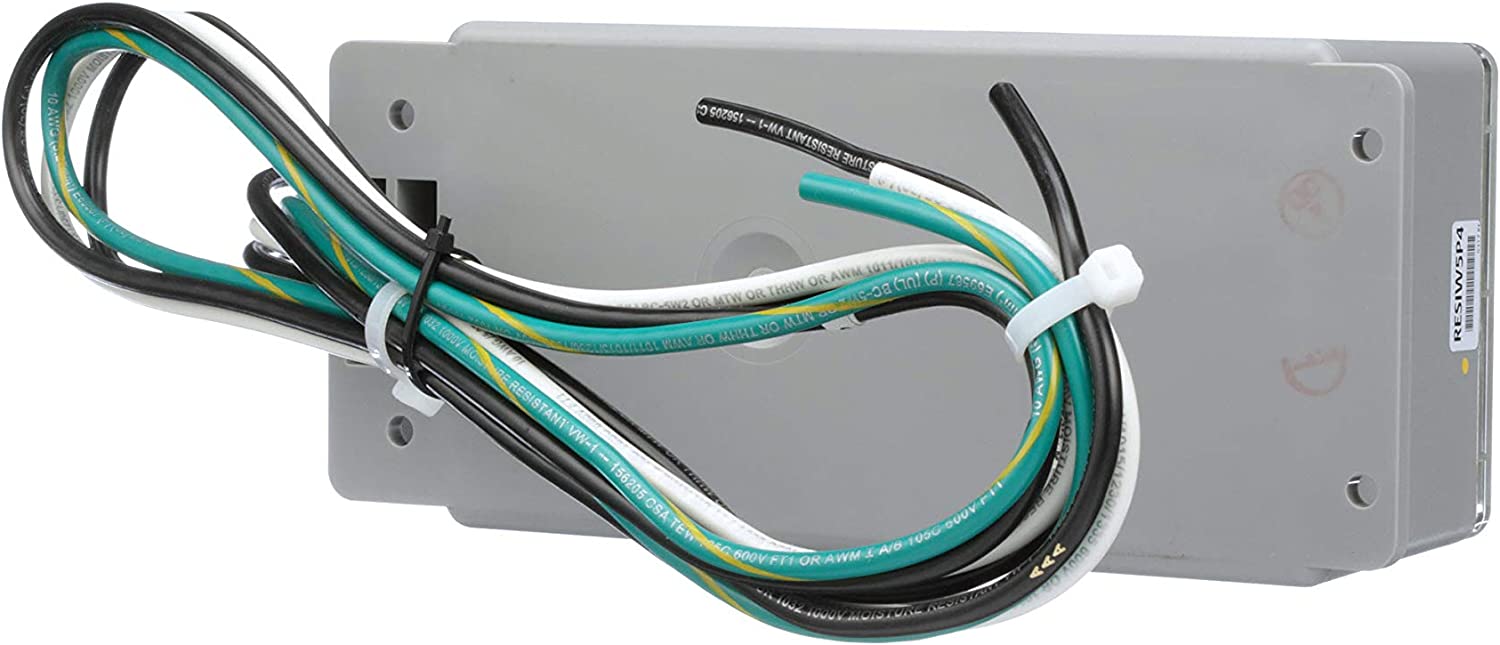 The American Reserves SIEMENS FS™ PRO 140 + Whole House Ferrites EMP Home Protection Kit, a gray electrical junction box with black, white, and green wires secured by a white zip tie, includes a surge protection device for enhanced safety.