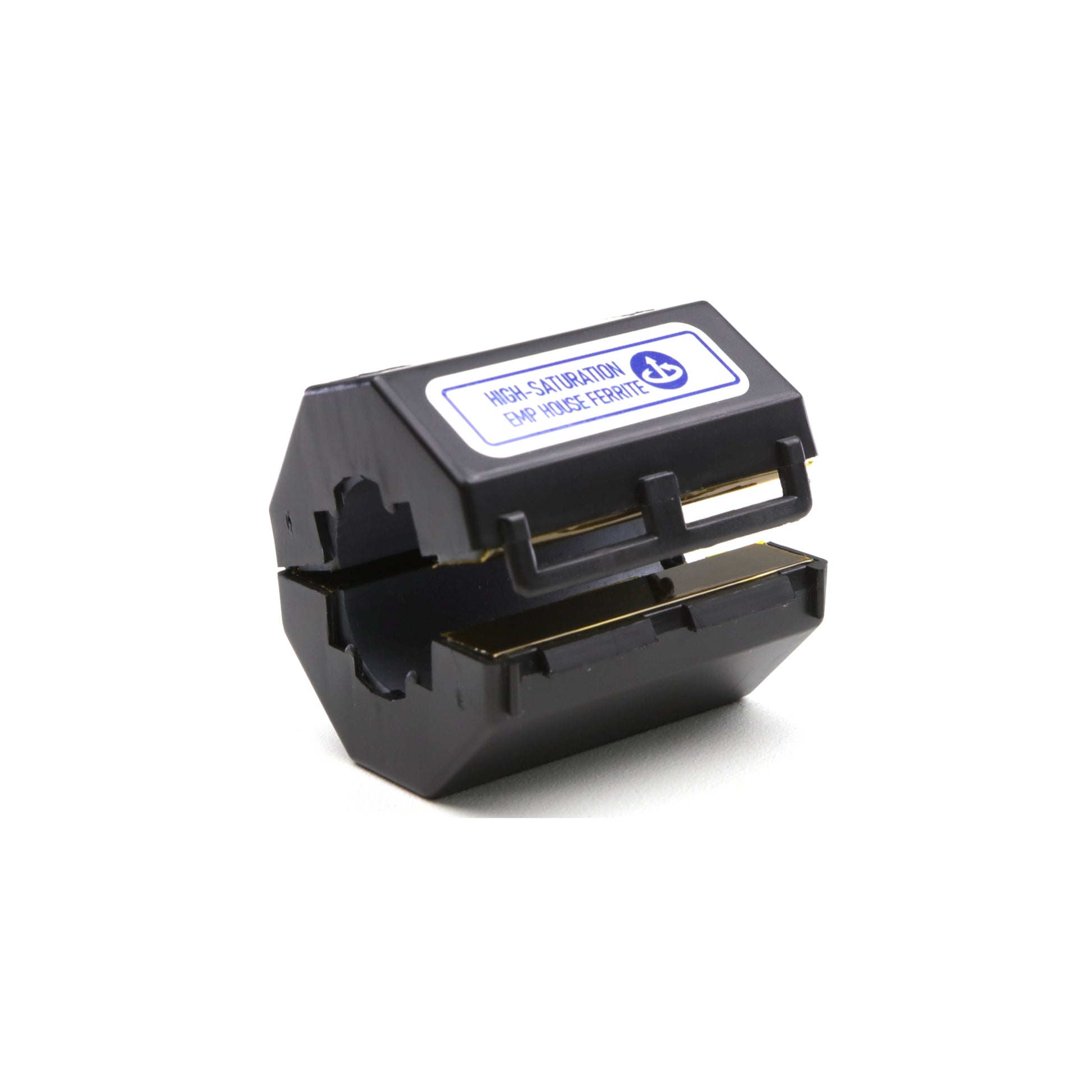 The American Reserves SIEMENS FS™ PRO 140 + Whole House Ferrites EMP Home Protection Kit features a black, rectangular, open ferrite core with a small label on top for noise suppression and added EMP protection for cables.