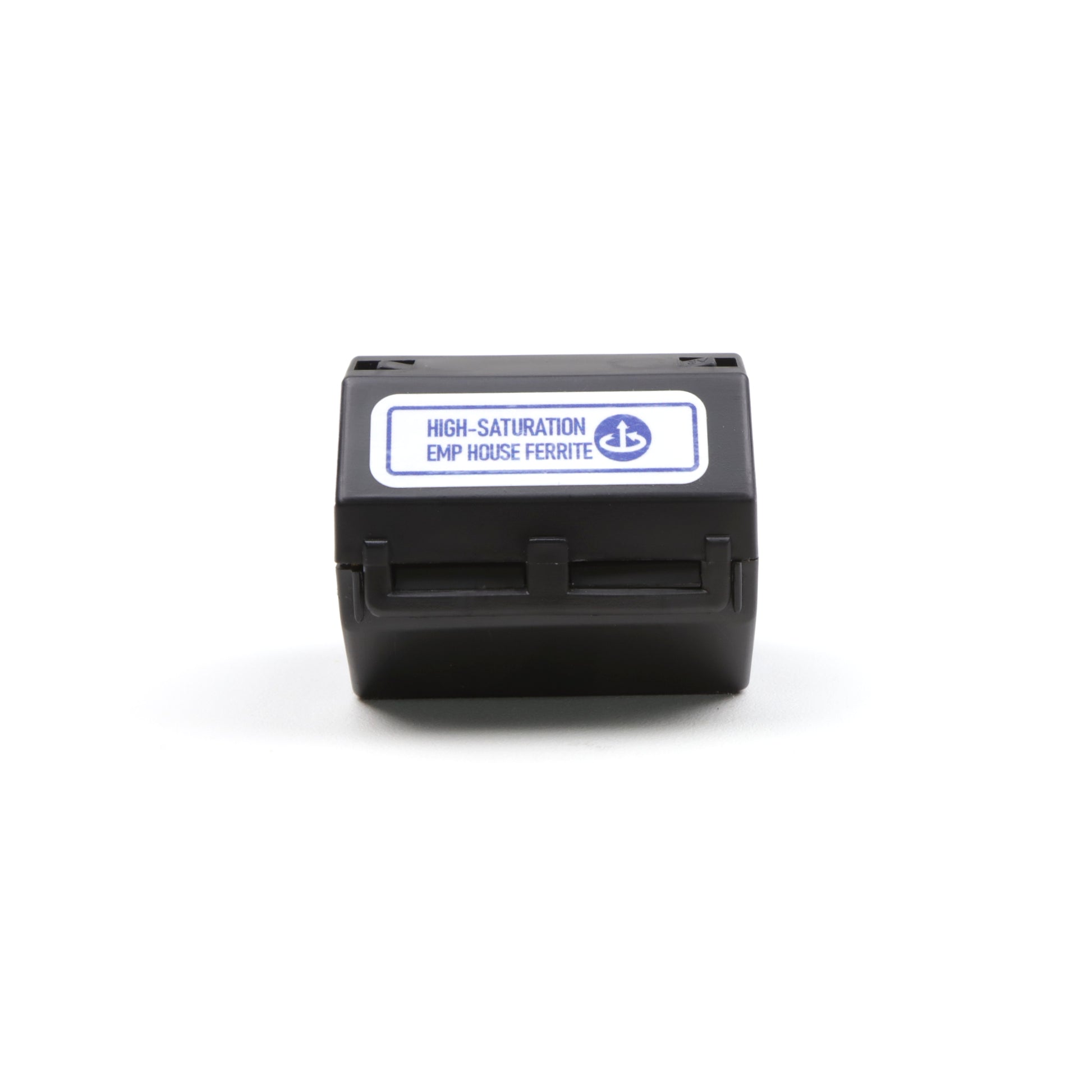 A small black electronic component labeled High-Saturation EMP House Ferrite appears isolated on a white background. Its part of the American Reserves SIEMENS FS™ PRO 140 + Whole House Ferrites EMP Home Protection Kit, designed for surge and EMP protection.