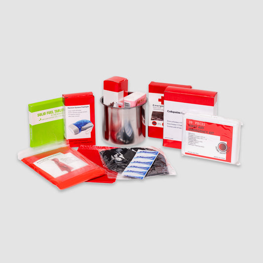 The American Reserves Black 64 Piece Survival Backpack is a comprehensive emergency kit with a metal cup, first aid supplies, solid fuel tablets, and other essentials neatly organized in a durable pack on a white background.