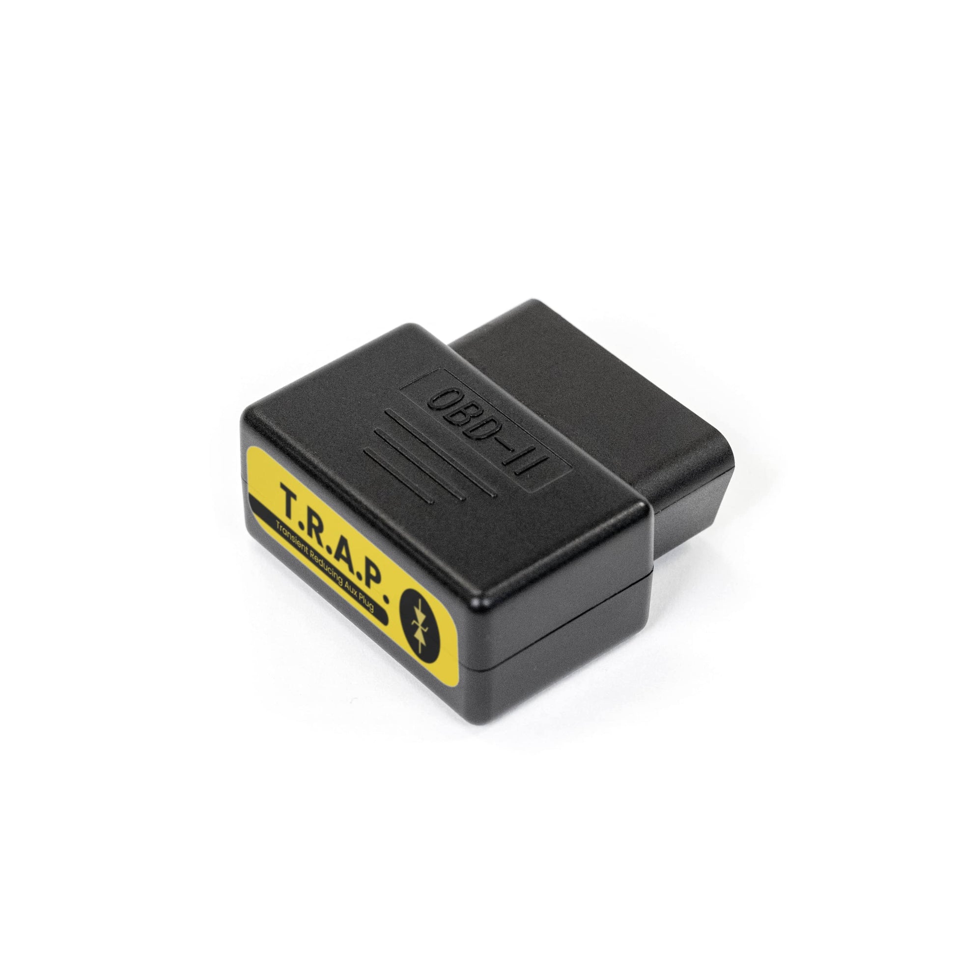 A black American Reserves OBD-II adapter, featuring a yellow label with T.R.A.P and Bluetooth logo, is used for vehicle diagnostics and EMP Vehicle Protection.