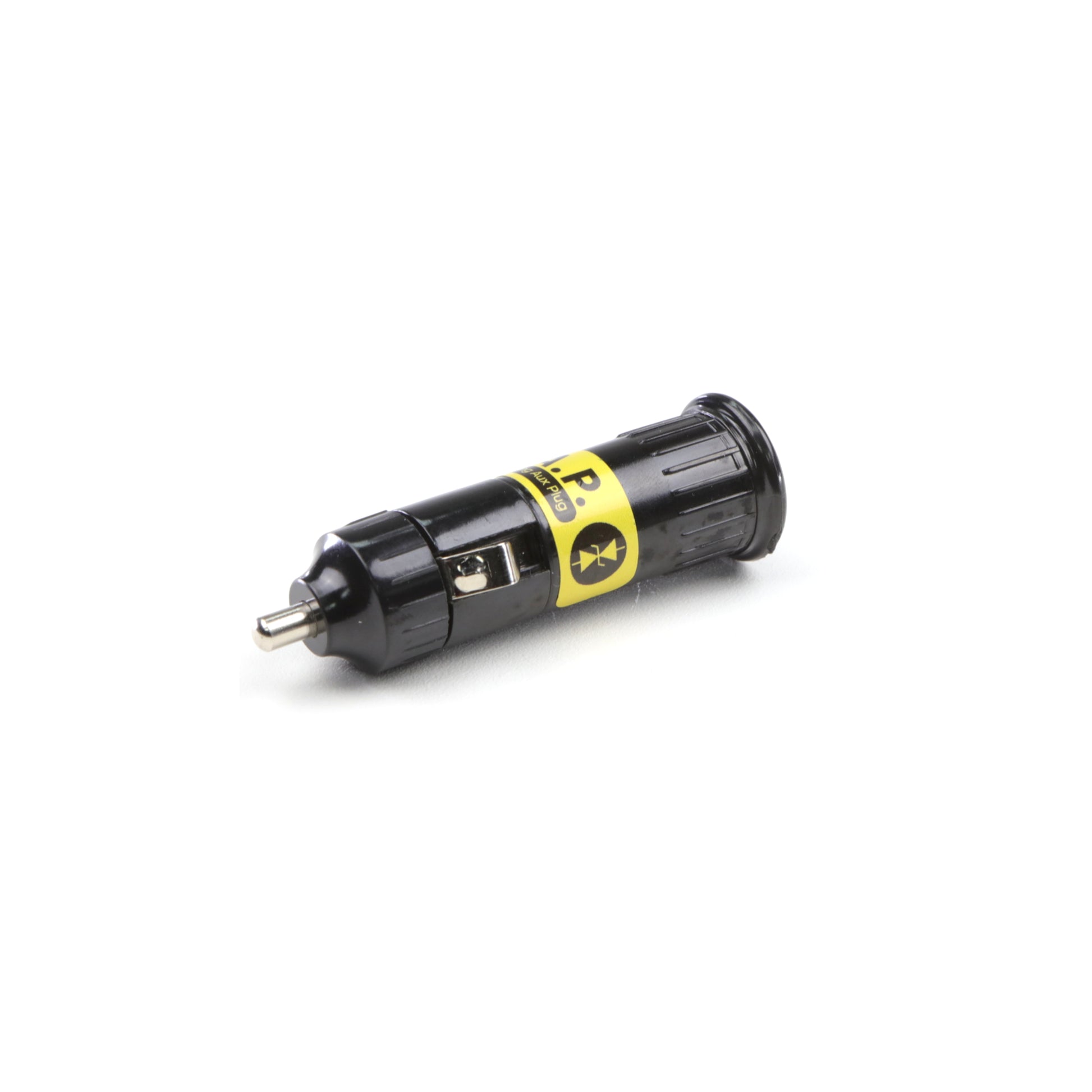 The black automotive fuse with a yellow label on a white background, designed by American Reserves, seamlessly integrates with a 12-volt auxiliary receptacle for enhanced performance. Product: Auxiliary EMP Vehicle Protection.