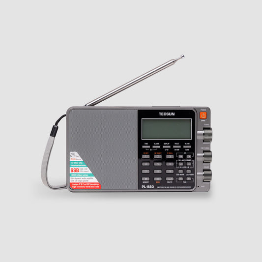 The Tecsun PL880 by American Reserves is a portable AM/FM shortwave radio with SSB, five control knobs, an antenna, a digital display, and a dynamic audio amplifier for enhanced sound. Comes with a leather pouch.
