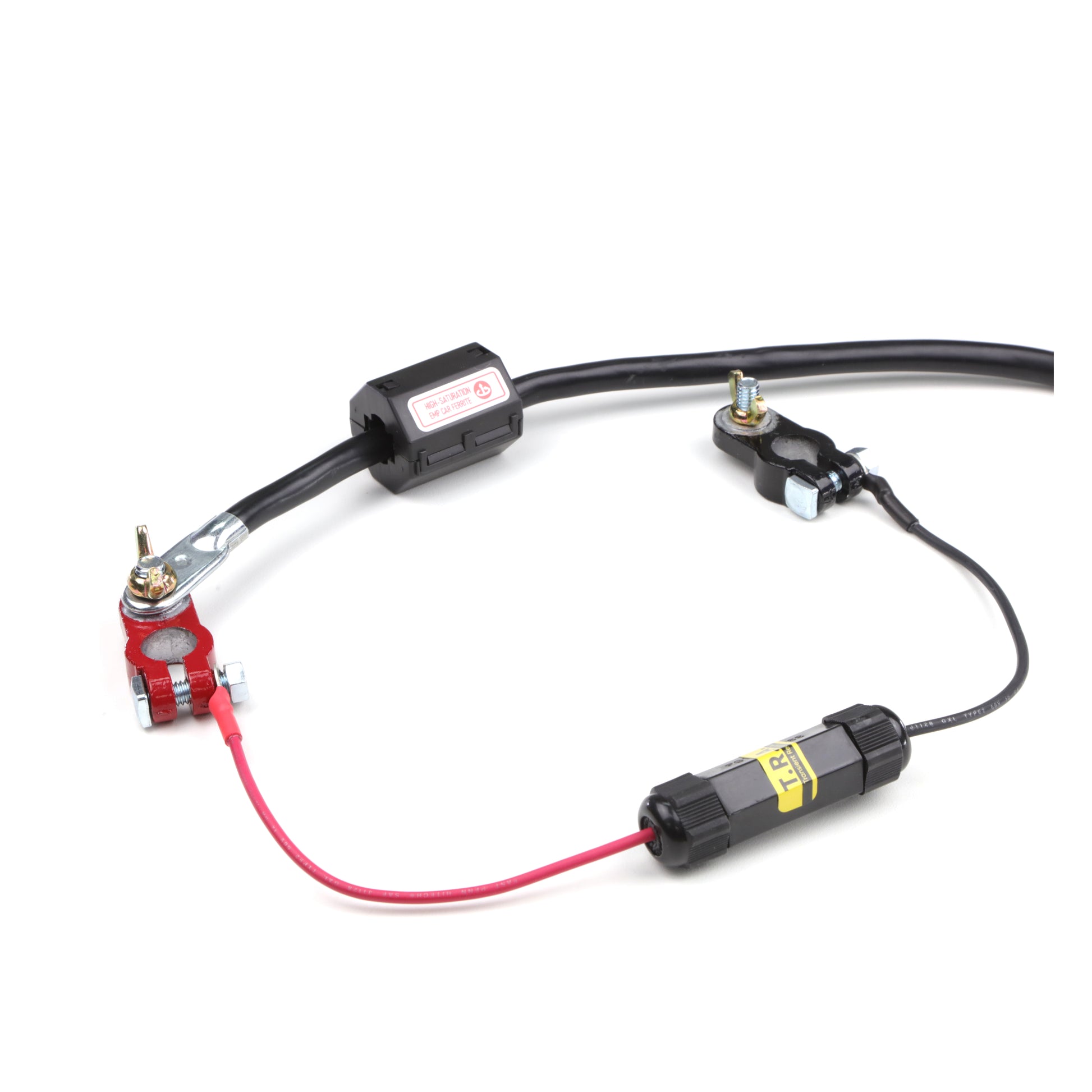 The Complete Auto And Home Protection EMP Kit by American Reserves is an automotive battery cable assembly featuring terminals, clamps, and a fuse holder on a white background, engineered to protect your vehicle from unexpected electromagnetic pulses.