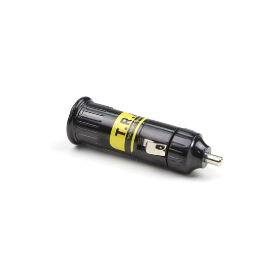 A black T.R.I. fuse with a yellow label and metallic end is displayed against a white background, designed to deliver reliable electromagnetic pulse defense when used with the American Reserves Complete Auto And Home Protection EMP Kit.
