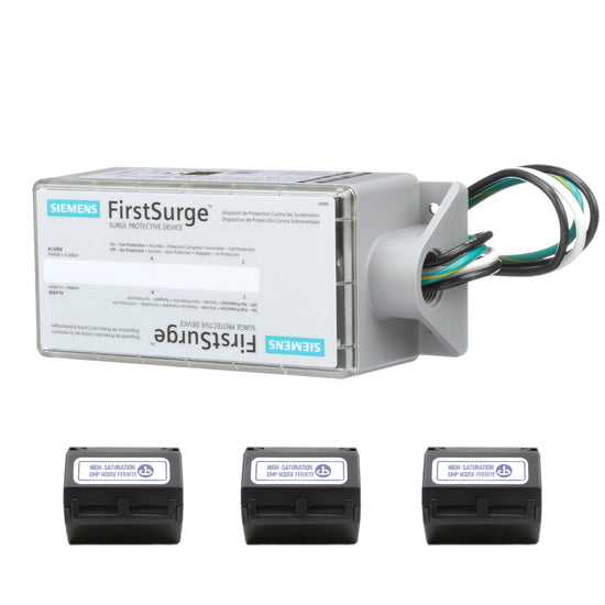 An American Reserves Complete Auto And Home Protection EMP Kit, featuring a Siemens FirstSurge device with wires, is displayed above three small modules labeled High Saturation and Drop After Lockout, providing vital electromagnetic pulse defense for both auto and home.