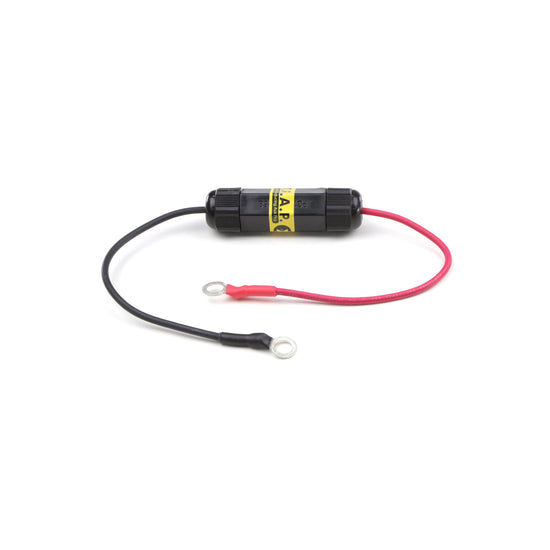 The Complete Auto and Home Protection EMP Kit by American Reserves includes a cylindrical automotive fuse holder with red and black wires ending in loop terminals, ensuring essential connectivity and safeguarding systems against sudden electrical disruptions.