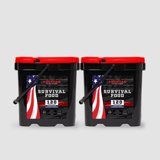 The American Reserves 240 Servings Freeze-Dried Veggie Bundle includes two black buckets with red lids and an American flag design, perfect for Emergency Food Supplies. Made in the USA, they offer a 25-year shelf life, 240 servings of veggies, totaling 20,480 calories.