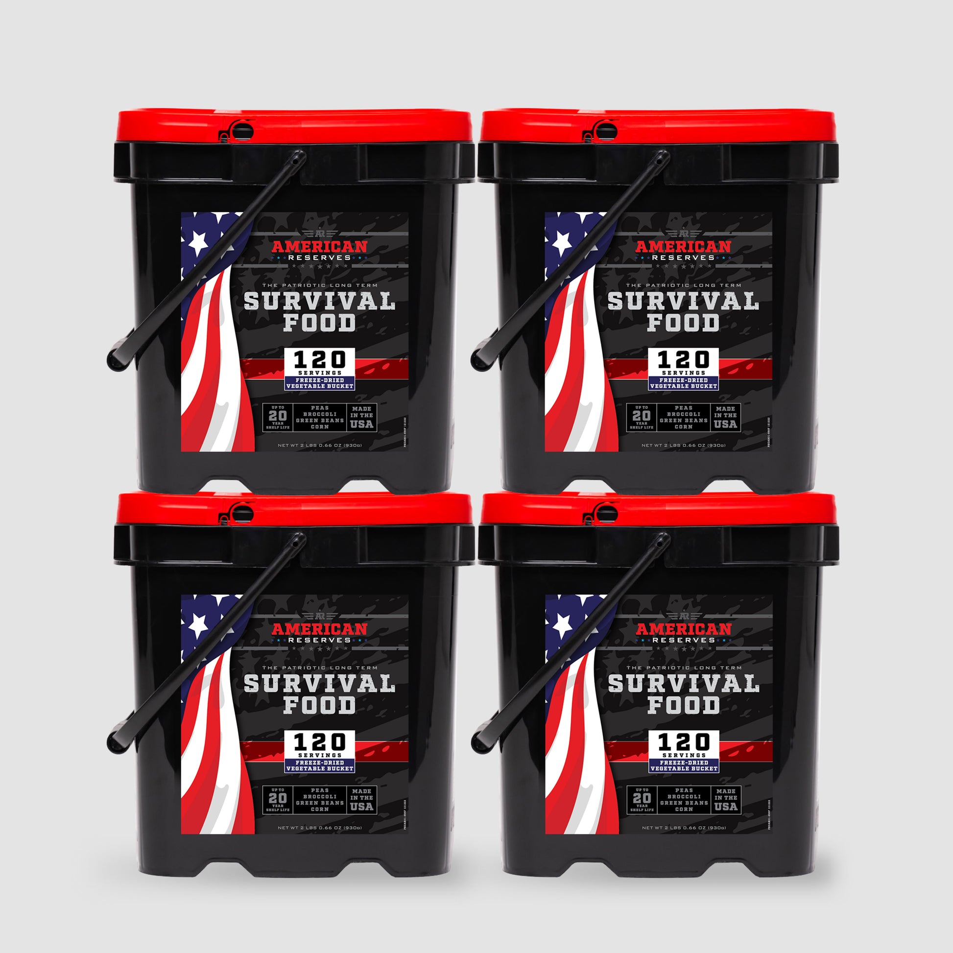 Four 480 Servings Freeze-Dried Veggie Bundle buckets by American Reserves, black and red with an American flag design, are displayed on a light gray background. They promise a long shelf life and show off their 120 servings each in a square formation.