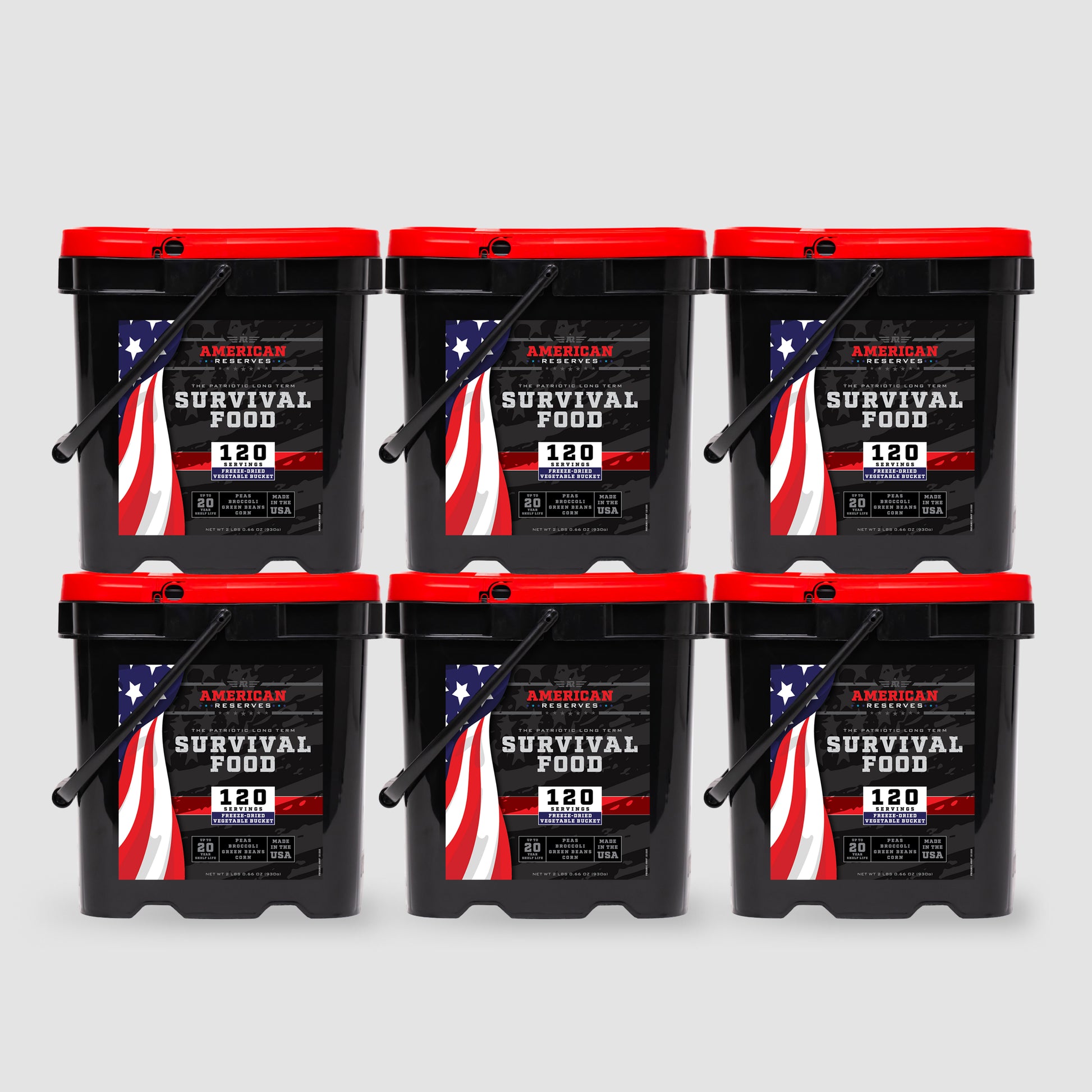 Six black buckets with red lids, labeled American Reserves, display an American flag design. Stacked in two rows of three against a white background, each bucket from the 720 Servings Freeze-Dried Veggie Bundle offers 120 servings of emergency food supply, ensuring a long shelf life.