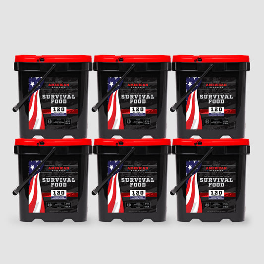 Six black buckets with red lids, labeled American Reserves, display an American flag design. Stacked in two rows of three against a white background, each bucket from the 720 Servings Freeze-Dried Veggie Bundle offers 120 servings of emergency food supply, ensuring a long shelf life.