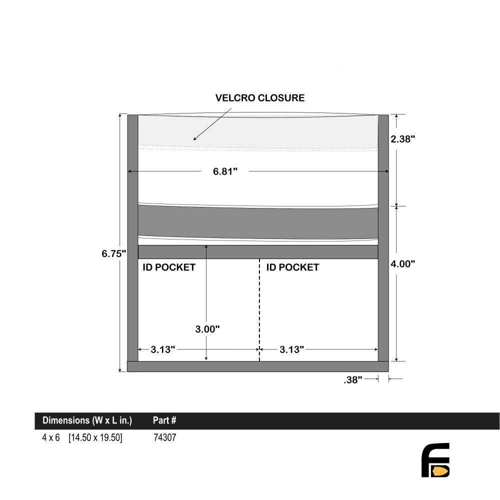 Diagram of the XXL Forensic Faraday Jacket Kit by American Reserves, featuring a Velcro closure and Signal Blocking. Dimensions: 6.81 W x 6.75 H x 2.38 G with two ID pockets (3.13 W x 4 H each). Part number: 74307, perfect for device shielding needs.