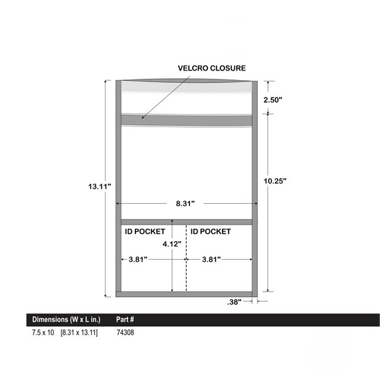 Diagram of a 7.5 x 10 inch pouch with Velcro closure and two ID pockets, featuring labeled section measurements. Perfect as the American Reserves XXL Forensic Faraday Jacket Kit for device shielding. Part number: 74308.