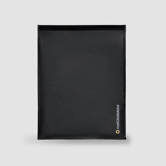 American Reserves XXL Forensic Faraday Laptop Jacket (14 x 16), featuring a gray logo on black, is expertly crafted for device shielding. Set against a light gray background, it offers reliable RFID blocking to keep your gadgets secure.