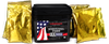A black American Reserves container with a flag design offers a 10-year shelf life for its Emergency Freeze Dried Powdered Eggs, providing 144 servings. It is surrounded by four gold foil packets.