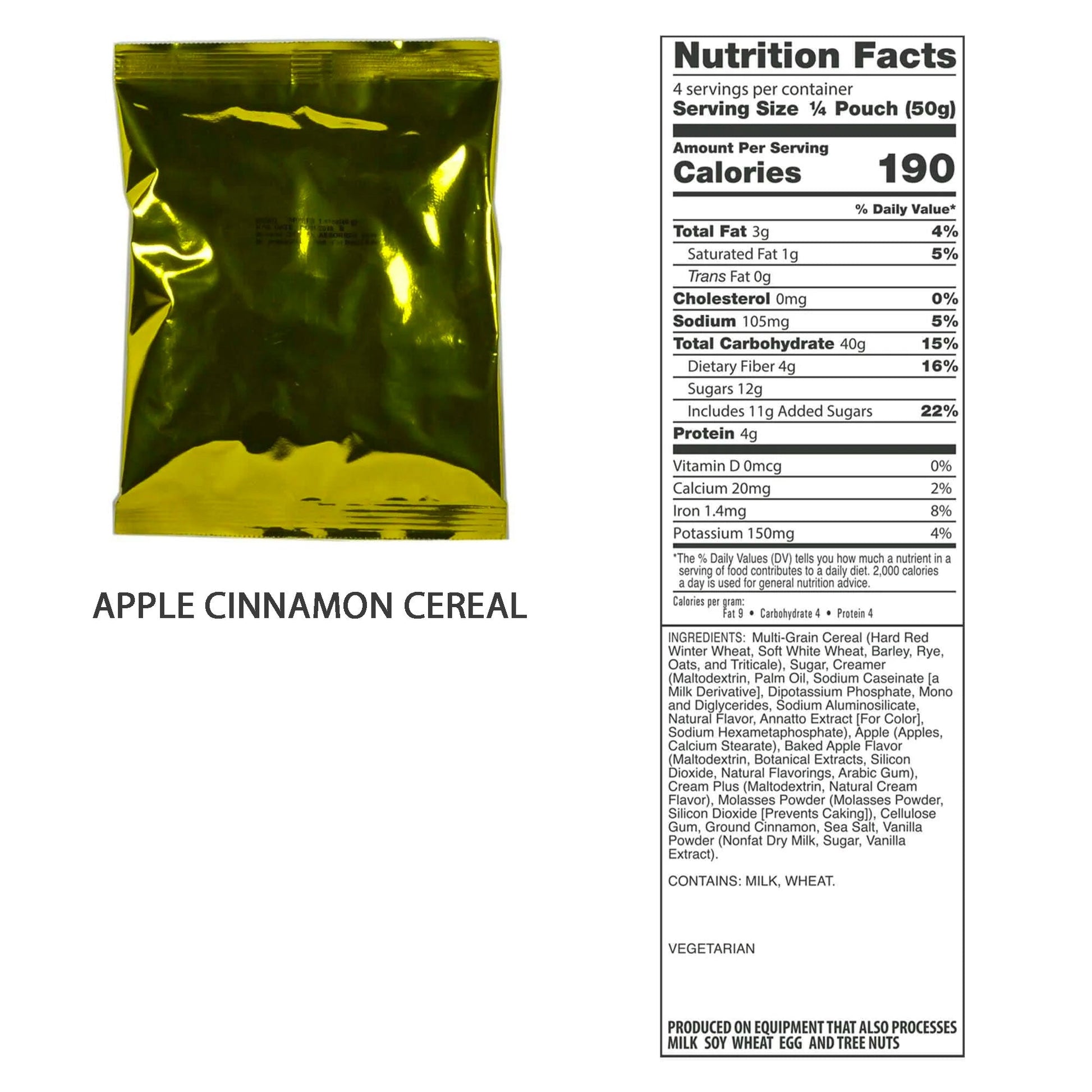 A gold packet labeled Apple Cinnamon Cereal outlines calories, fat, sodium, and fiber content. It’s an essential addition to the American Reserves Red 64 Piece Survival Backpack with ingredients like oats, sugar, and apple powder for a quick energy boost.