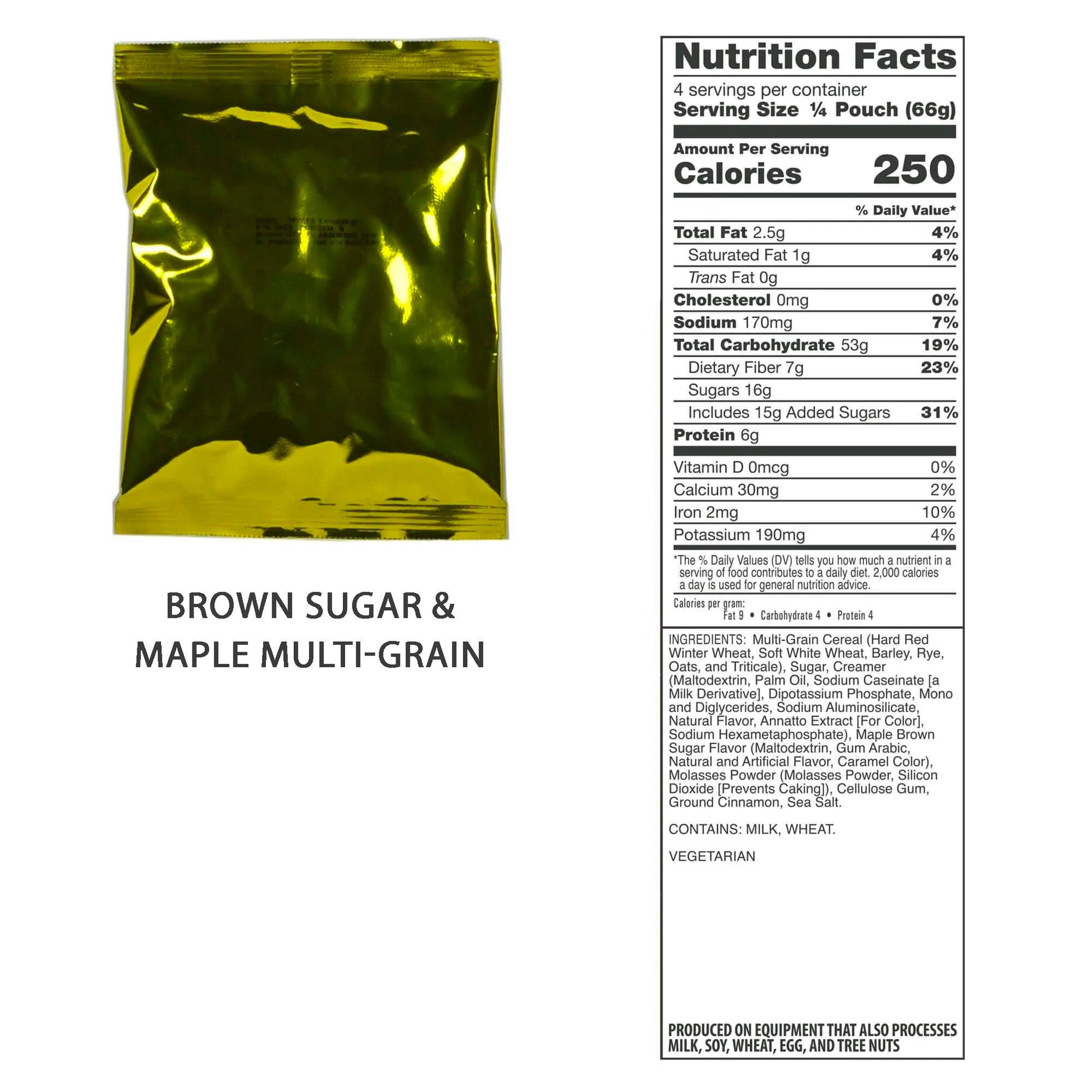 A small packet labeled Brown Sugar & Maple Multi-Grain is perfect for the American Reserves Red 64 Piece Survival Backpack. With nutrition facts and ingredients like milk and wheat, its a handy snack for any adventure.