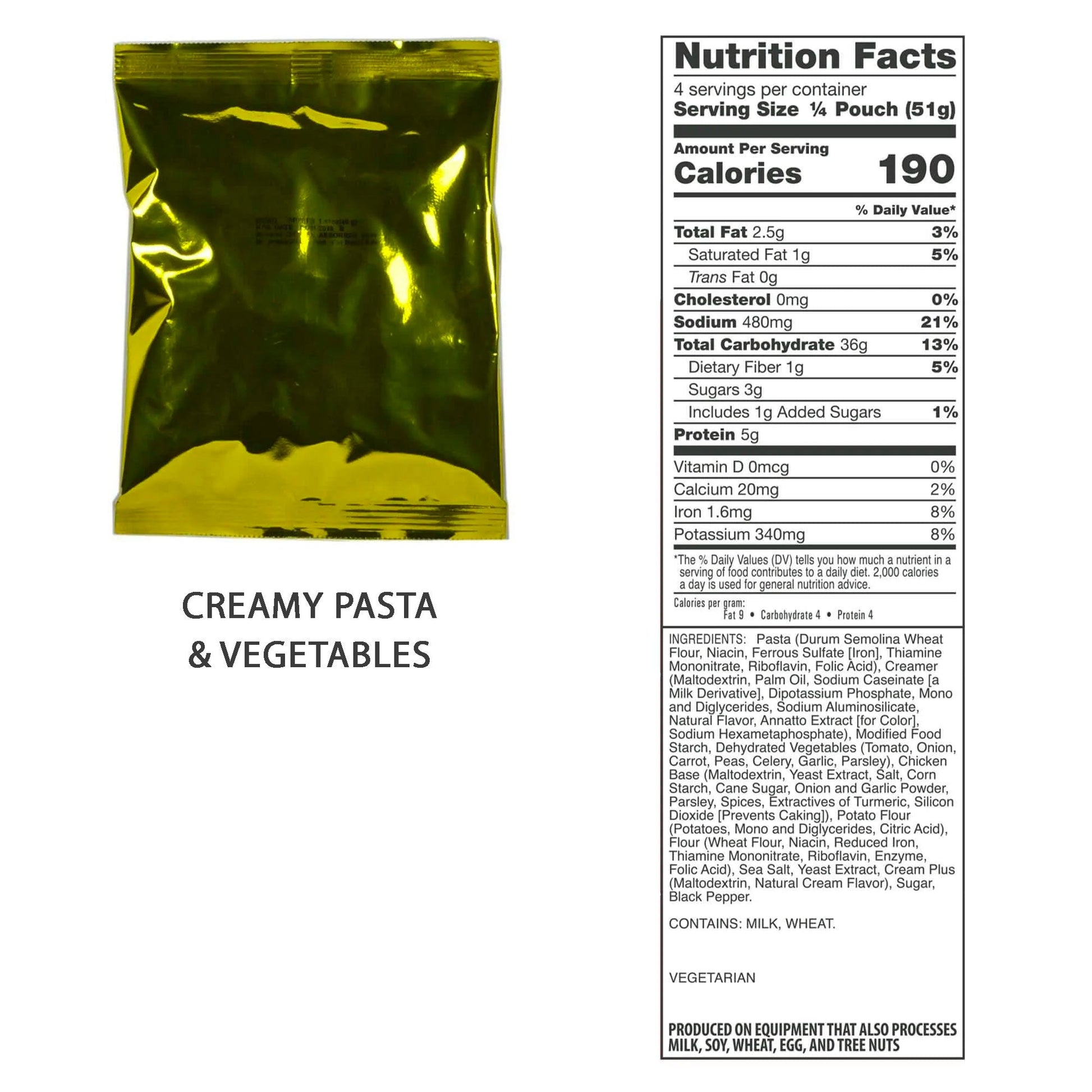 A metallic yellow Creamy Pasta & Vegetables pouch with nutrition facts and ingredients is perfect for your American Reserves Red 64 Piece Survival Backpack.