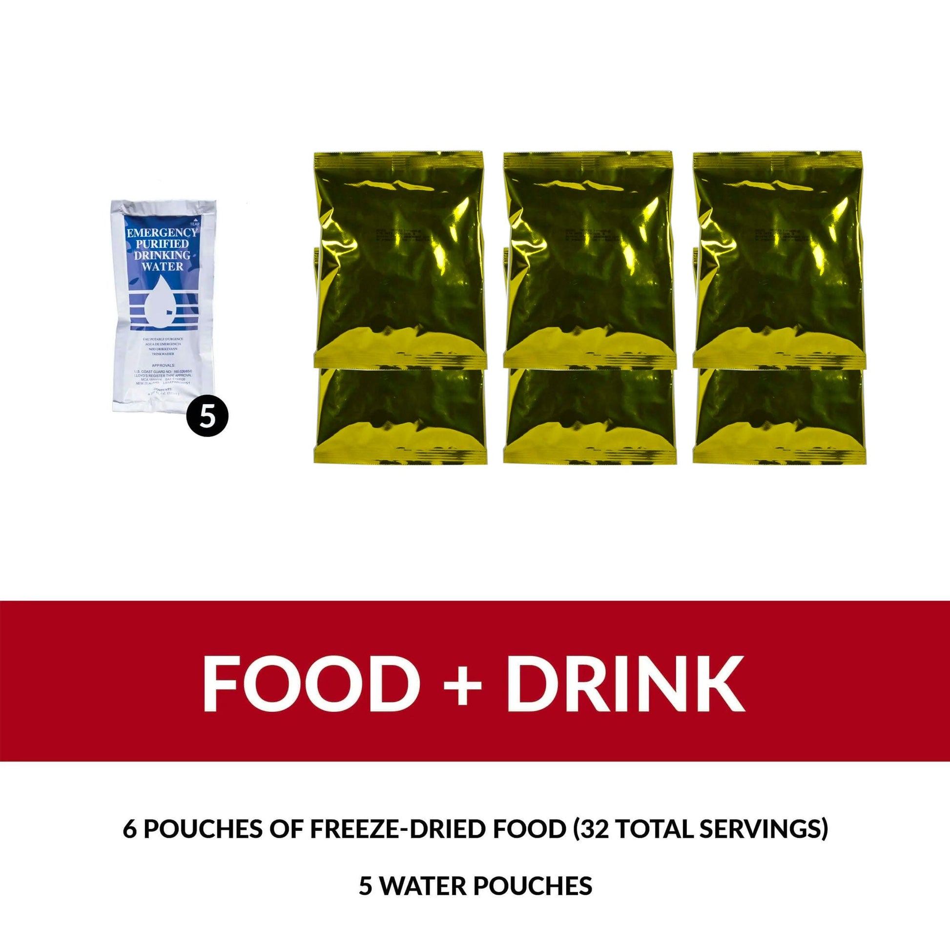 Image featuring six foil pouches of freeze-dried food and a water pouch in an American Reserves Red 64 Piece Survival Backpack. Text: Food + Drink: 6 pouches with 32 servings, plus 5 water pouches. Ideal for any adventure.